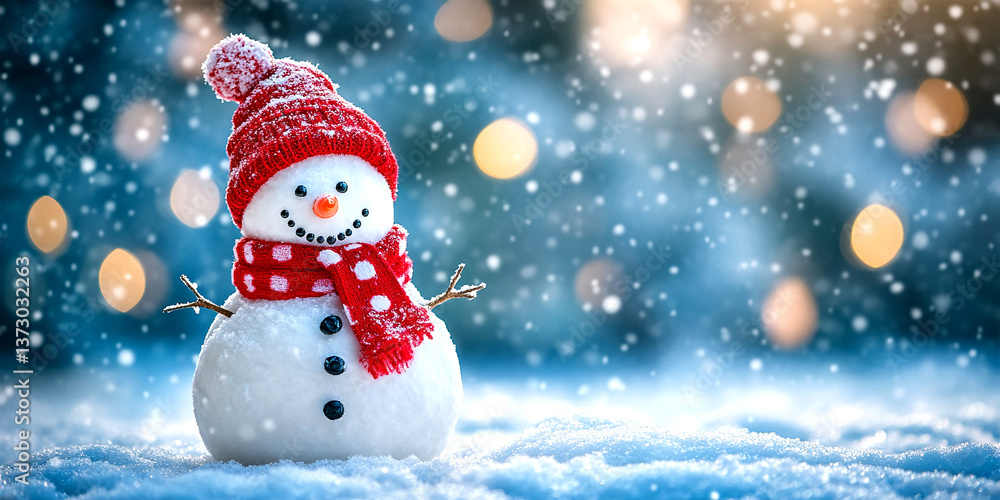 Fototapeta premium Snowman wearing a red hat and scarf smiling in winter snowfall