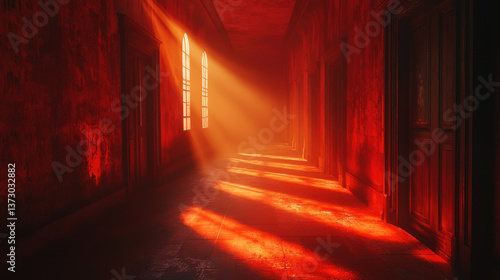 Wallpaper Mural Minimalistic 3D hallway with dramatic lighting and infinite depth illusion in red tones Torontodigital.ca