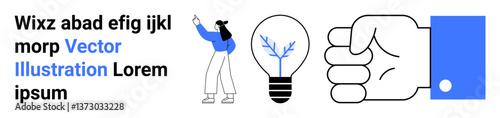 Woman in blue pointing, light bulb with tree branches, clenched fist. Ideal for creativity, innovation, teamwork, empowerment, sustainability, action focus simple landing page