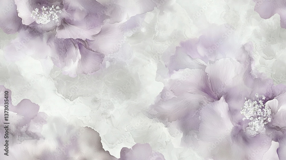 A close-up of a single flower on a solid wall background in shades of white and purple, featuring floral patterns on the adjacent walls A close-up of a single flower on a solid wall background in shades of white and purple, featuring floral patterns on the adjacent walls