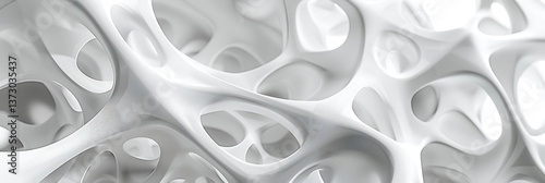 Abstract white background featuring a smooth, organic, porous structure with interconnected holes. Represents cellular forms, lightweight materials, or networks.
