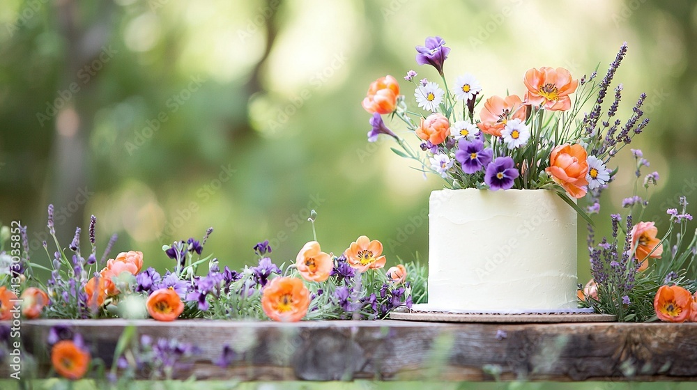 White cake on wooden table with assorted flowers and greenery White cake on wooden table with assorted flowers and greenery