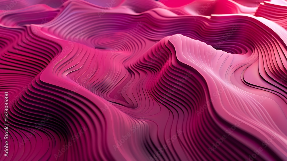 Fototapeta premium Abstract background featuring undulating wavy layers in vibrant shades of pink, creating a textured, topographic-like landscape pattern. Modern design.