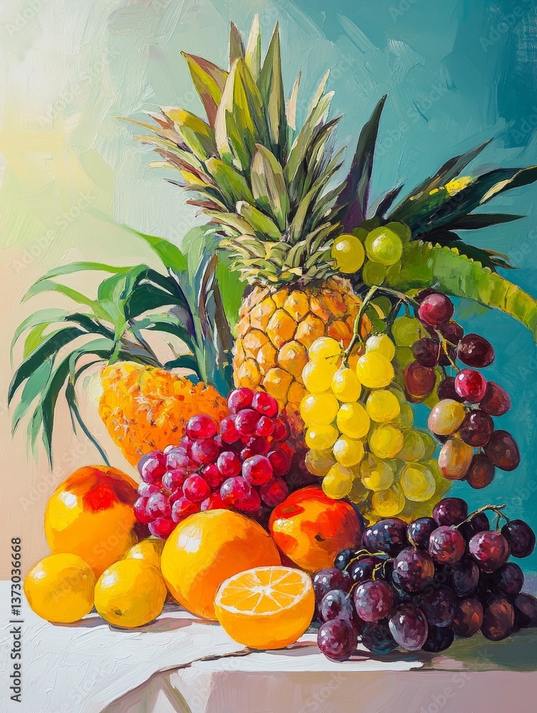Still life painting of various fruits including pineapple grapes and Still life painting of various fruits including pineapple grapes and