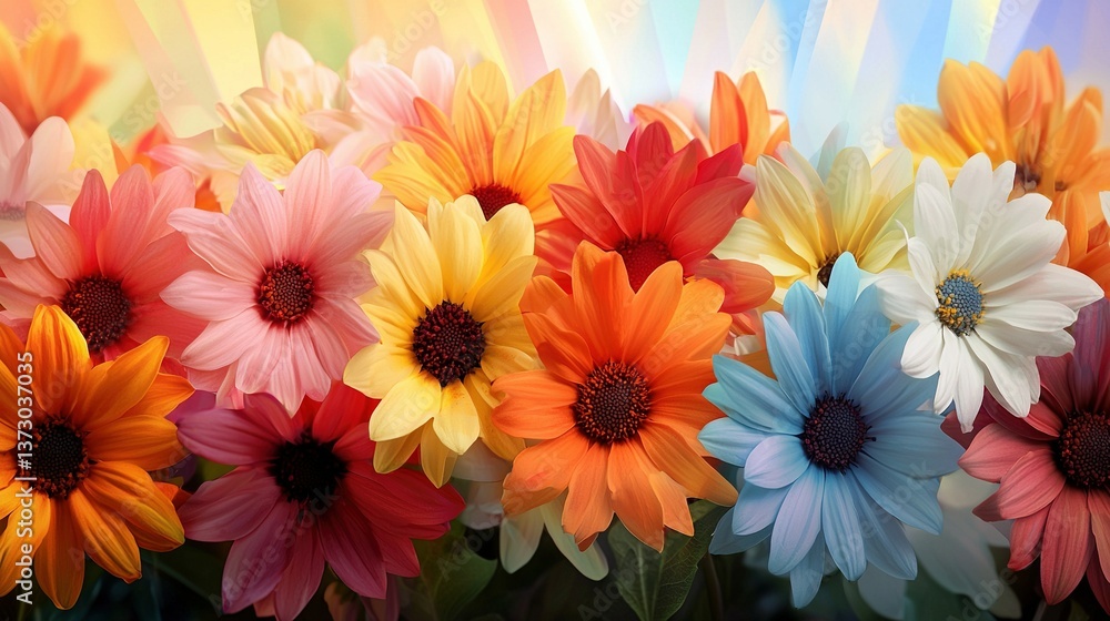 A cluster of vibrant blooms resting atop a lush foliage base, surrounded by a backdrop of blue, yellow, red, orange, pink, orange, and white A cluster of vibrant blooms resting atop a lush foliage base, surrounded by a backdrop of blue, yellow, red, orange, pink, orange, and white