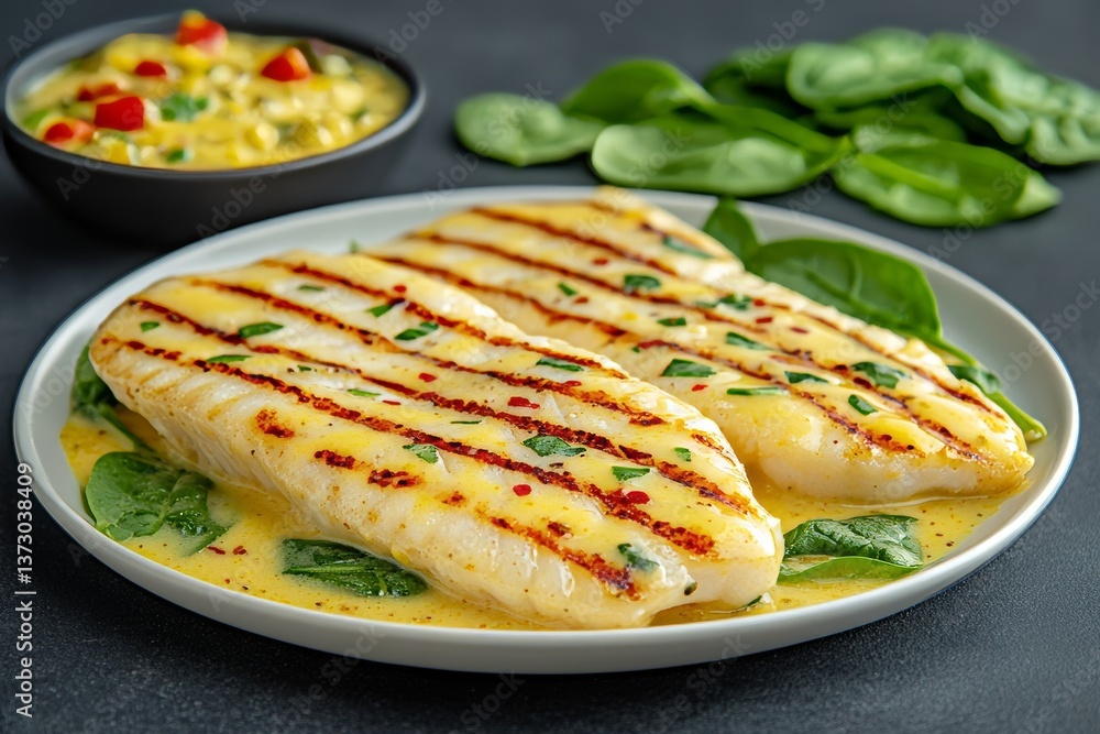 Branzino or seabass fillet with bisque sauce and spinach, served with grilled spigola or sea bass on a dark stone Branzino or seabass fillet with bisque sauce and spinach, served with grilled spigola or sea bass on a dark stone