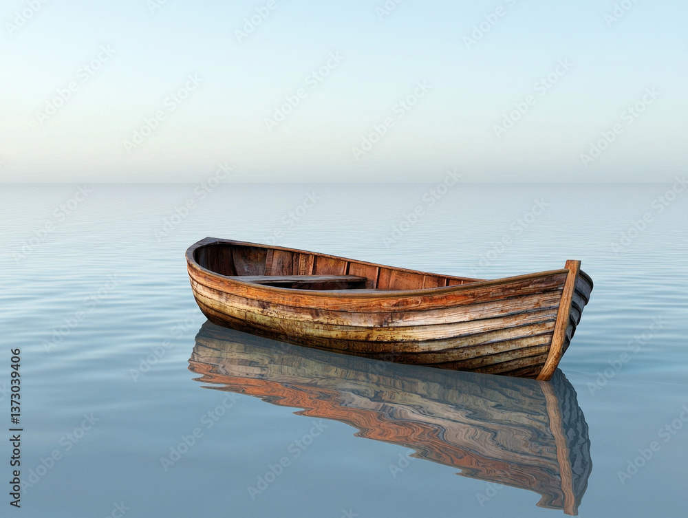 Small wooden boat floating on a tranquil surface at dawn near an undisturbed shoreline Small wooden boat floating on a tranquil surface at dawn near an undisturbed shoreline