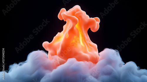 Abstract Orange Flame Emerging from White Cloud on Black Background