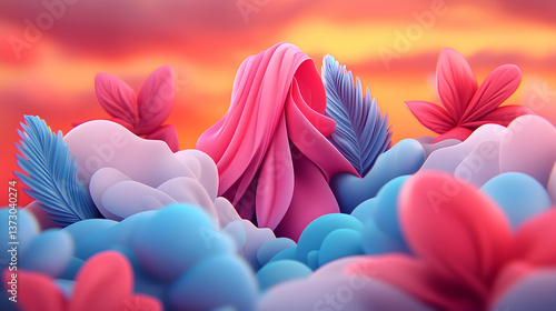 Abstract Pastel Landscape with Pink and Blue Flowers at Sunset