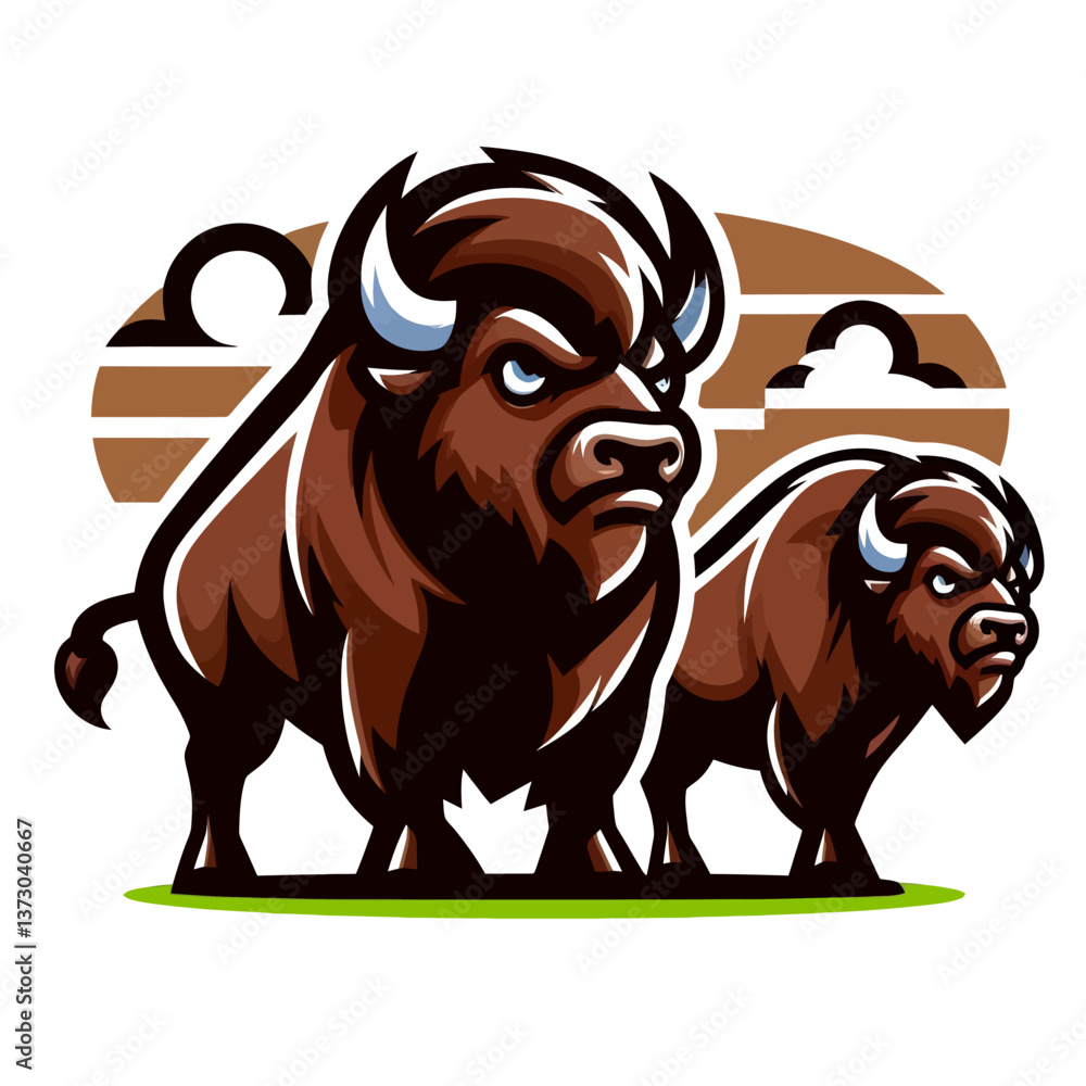 Fototapeta premium EPS10形式のベクターグラフィックで描かれたバイソンの漫画風ロゴ、エンブレムまたはステッカーで、楽しくて親しみやすい、記憶に残る野生動物のデザインのブランディングに最適です。