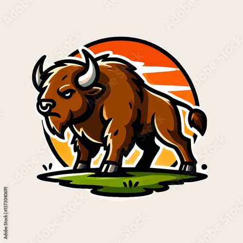 A cartoon bison logo as an emblem or sticker, crafted in EPS10 vector graphics format, perfect for branding with a fun, friendly, and memorable wild animal design.