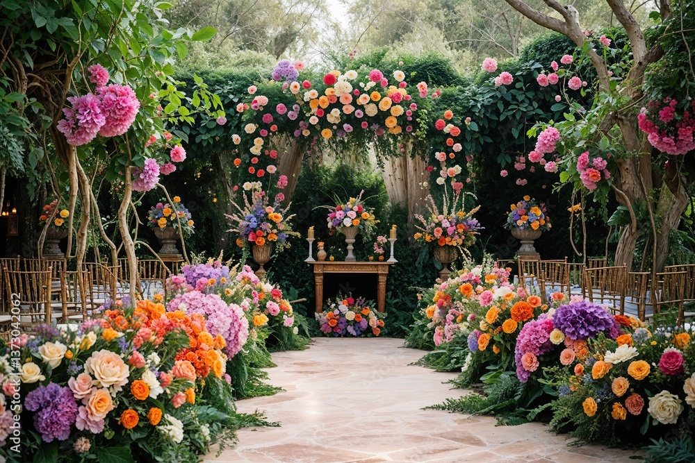 Fototapeta premium Lush Floral Scene with Vines and Colorful Blooms for Spring and Summer Events