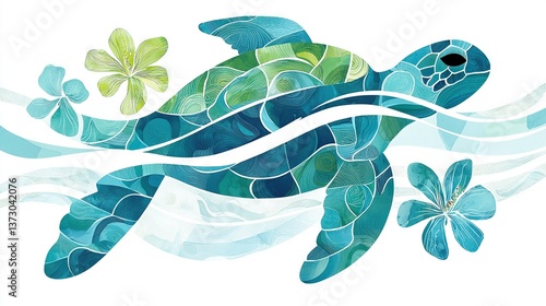   A Sea Turtle with a Flower in Its Mouth and Water Surrounding Its Neck