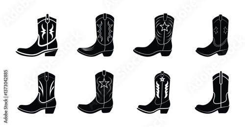 A set of eight classic cowboy boots vector silhouette designs. Simple collection. Isolated bundle on white background.
