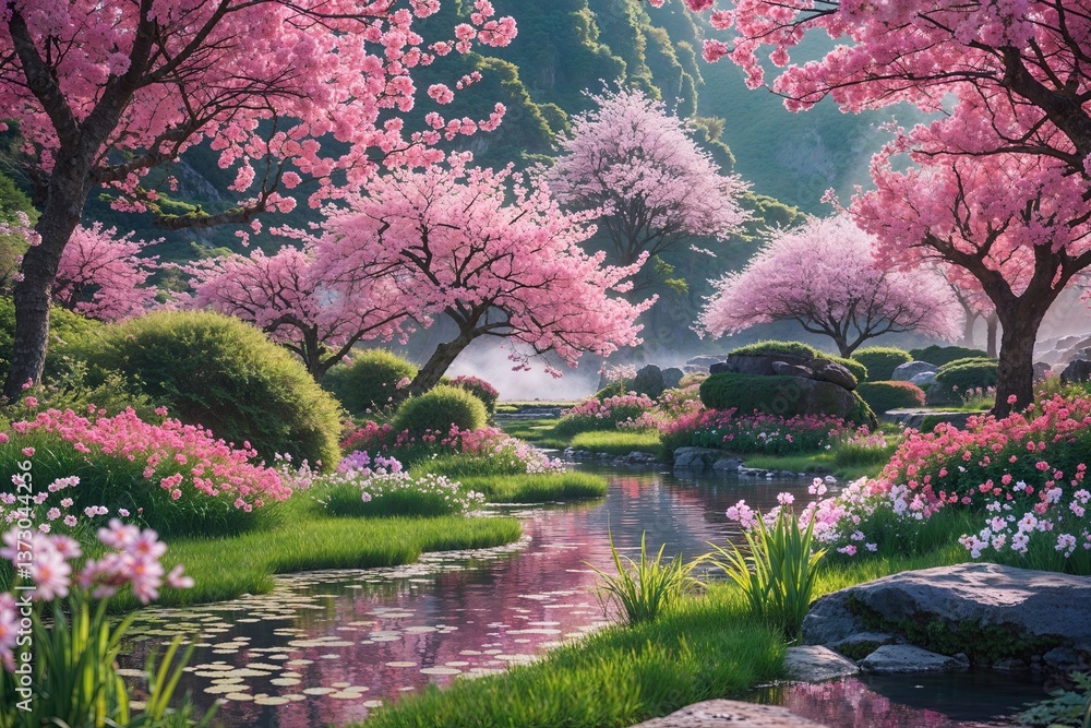 Idyllic Spring Oasis: A Vibrant Blend of Blossoms and Tranquility Idyllic Spring Oasis: A Vibrant Blend of Blossoms and Tranquility