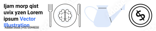Plate with brain, fork, knife, watering can, dollar sign in circle. Ideal for growth, nourishment, mindfulness financial planning education investment wellness. Abstract line flat metaphor