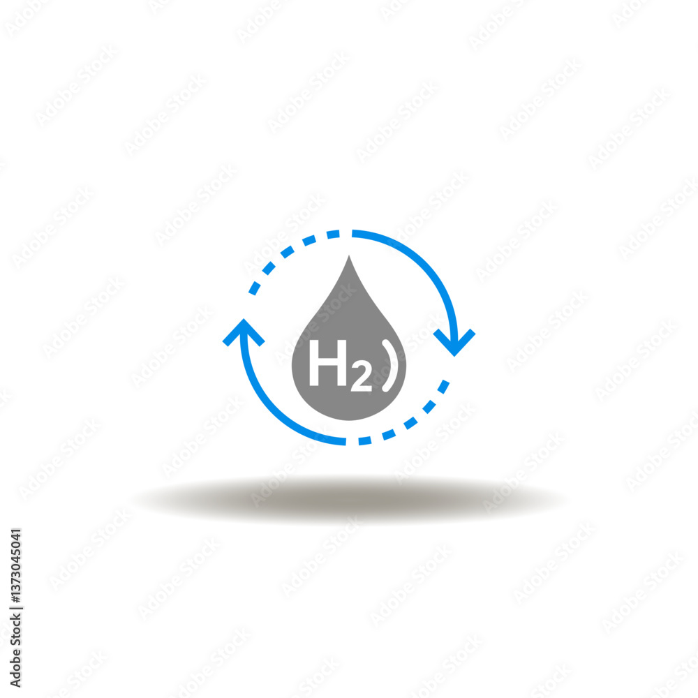 Vector illustration of H2 drop with circular arrows processing. Symbol of hydrogen production. Icon of H2 blue renewable fuel storage. Vector illustration of H2 drop with circular arrows processing. Symbol of hydrogen production. Icon of H2 blue renewable fuel storage.
