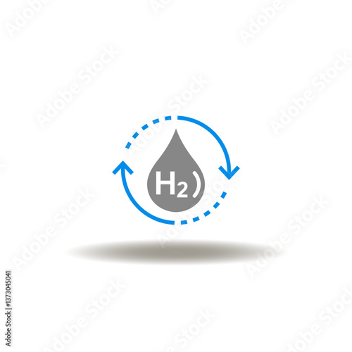 Vector illustration of H2 drop with circular arrows processing. Symbol of hydrogen production. Icon of H2 blue renewable fuel storage.