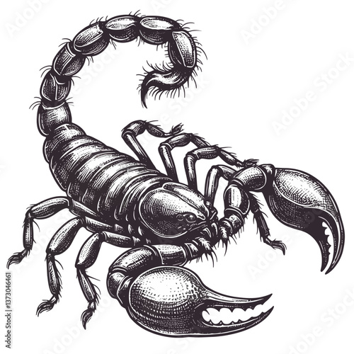 Ilustración de un escorpión dibujado a mano en gráficos vectoriales formato EPS10 sobre fondo blanco, perfecto para logotipos, tatuajes o diseños que resaltan la fuerza, el peligro y la mística de est