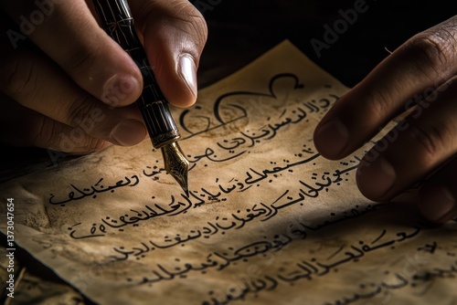 A calligrapher using pen and ink to create Arabic and Persian script including Nastaliq s