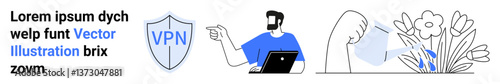 Shield with VPN text, man using laptop pointing, hand watering flowers. Ideal for technology, security, remote work, personal growth, online privacy, productivity flat landing page banner