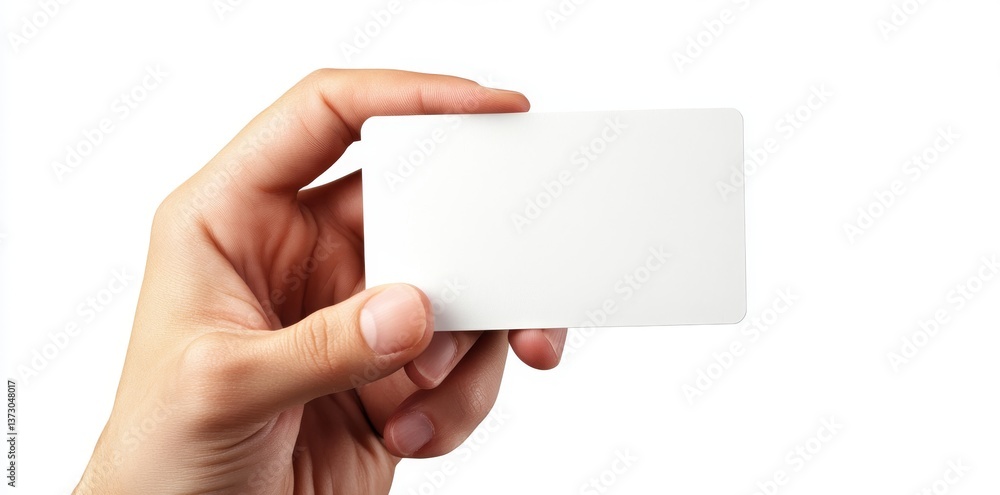 Obraz premium On a plain white background, a human hand delicately holds a prominently displayed rectangular card mockup, with the thumb and fingers softly grasping the edges