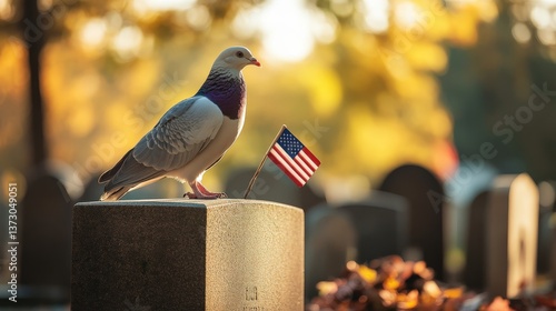 A pigeon perches on a tombstone next to a small american flag