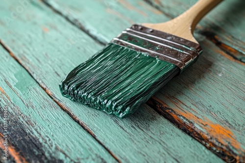 A detailed view of a green painted brush applying color to wood