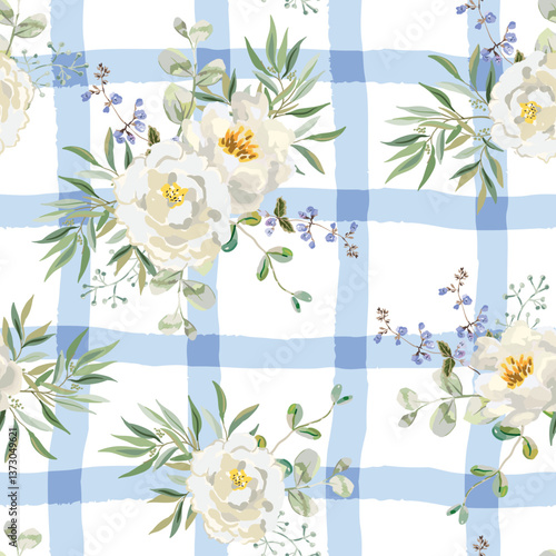 White peony and rose flowers, leaves, gingham background. Vector floral illustration. Seamless pattern. Summer delicate bouquets. Botanical design