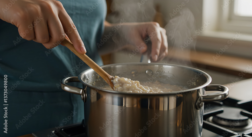 Cooking a healthy breakfast of oatmeal in a stainless steel pot at home Cooking a healthy breakfast of oatmeal in a stainless steel pot at home