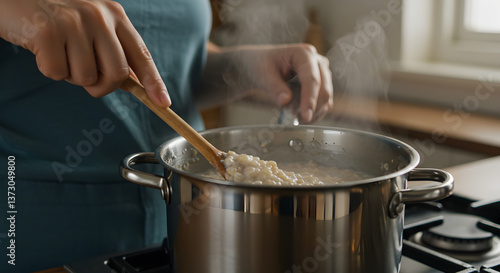 Wallpaper Mural Cooking a healthy breakfast of oatmeal in a stainless steel pot at home Torontodigital.ca