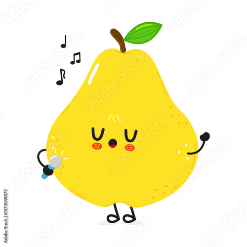 A cheerful yellow pear is happily singing into a microphone with musical notes floating around it.