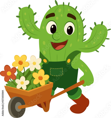 Funny cactus character in green overalls and brown shoes holding a wooden wheelbarrow with colorful flowers. Flat cartoon style, front view, cheerful facial expression