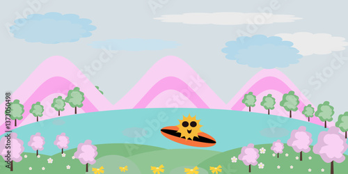 Spring landscape. Vector spring background. Hello Spring. Springtime. Vector illustration of nature, Sakura or cherry blossom, park, trees, sup board on lake. Design for banner, wallpaper, label.