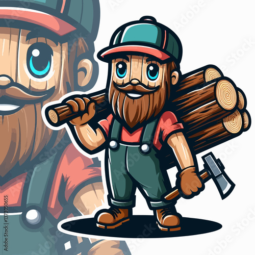 Ilustración de un leñador como mascota en forma de emblema o logotipo sobre fondo blanco, realizada en estilo mascot en formato vectorial EPS10, perfecta para carteles y branding con un toque forestal