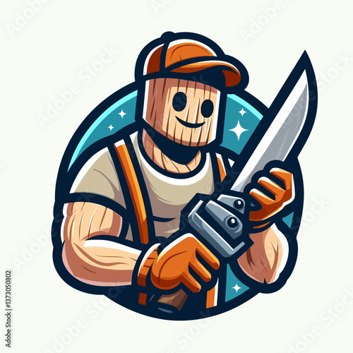 Ilustración de un leñador como mascota en forma de emblema o logotipo sobre fondo blanco, realizada en estilo mascot en formato vectorial EPS10, perfecta para carteles y branding con un toque forestal