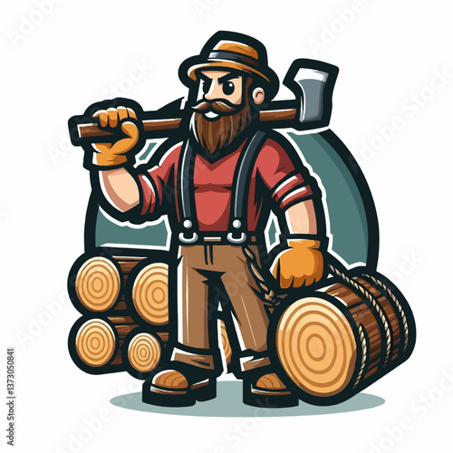 Ilustración de un leñador como mascota en forma de emblema o logotipo sobre fondo blanco, realizada en estilo mascot en formato vectorial EPS10, perfecta para carteles y branding con un toque forestal