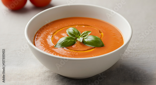 Bowl of creamy tomato bisque garnished with basil leaves and olive oil swirl