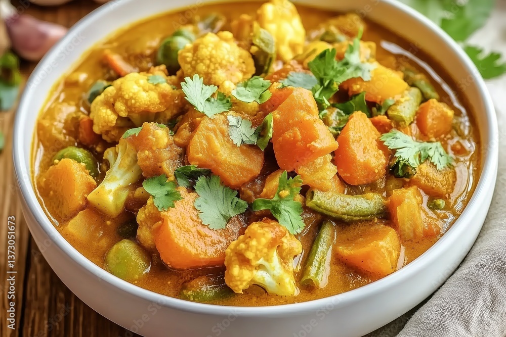 Indian Mixed Vegetable Curry in a Contemporary Ceramic Bowl with Vibrant Fresh Ingredients Indian Mixed Vegetable Curry in a Contemporary Ceramic Bowl with Vibrant Fresh Ingredients