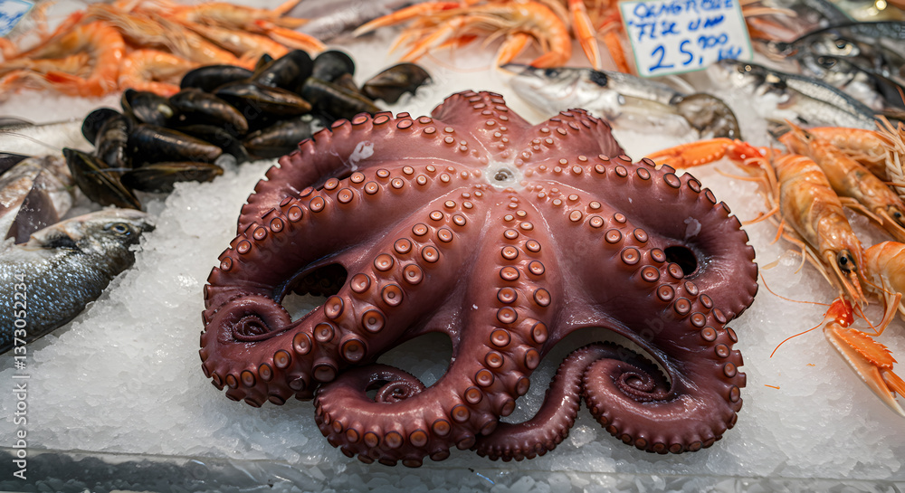 Fototapeta premium Fresh Octopus and Seafood Variety Displayed on Ice at a Fish Market