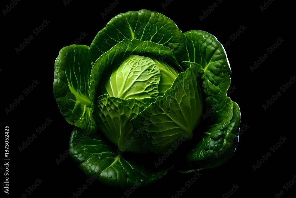 Fototapeta premium Fresh green cabbage head with textured leaves isolated on black background, dramatic lighting highlights natural veins and patterns. Suitable for food photography and design.