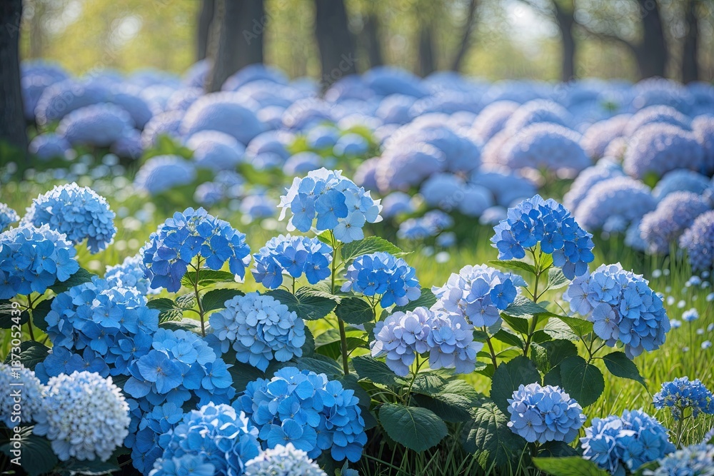 Tranquil Oasis of Flourishing Blue Hydrangeas in a Dreamlike Spring Field Tranquil Oasis of Flourishing Blue Hydrangeas in a Dreamlike Spring Field