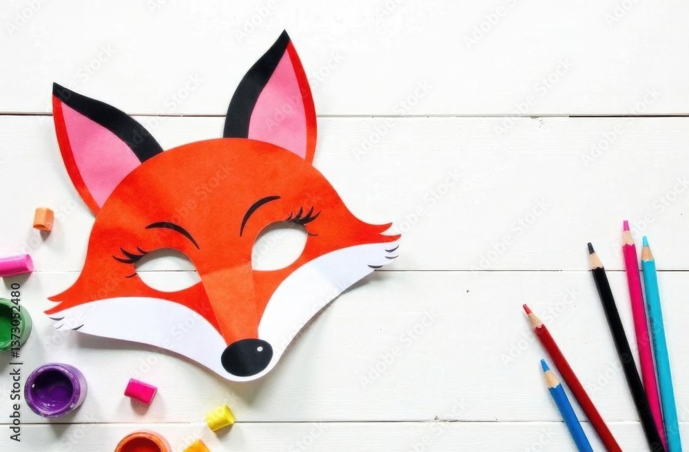 Obraz premium Fox mask craft with colorful pencils and paint on white background