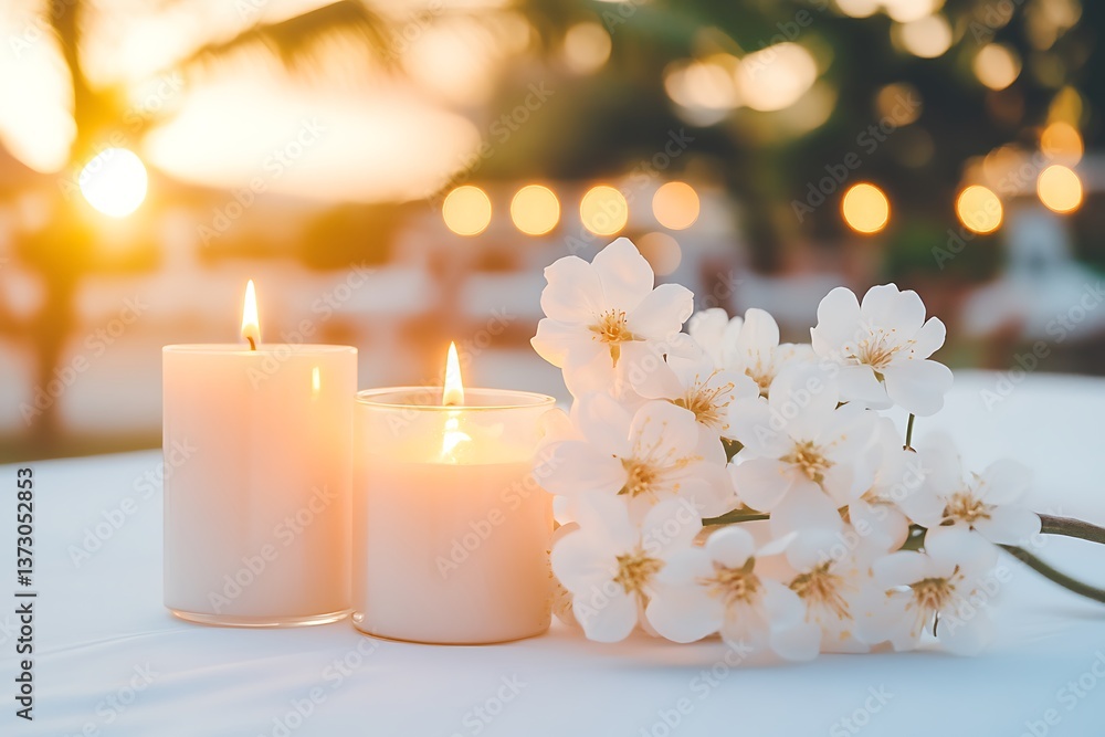 Burning candles and white flowers creating a relaxing tropical ambience at sunset Burning candles and white flowers creating a relaxing tropical ambience at sunset