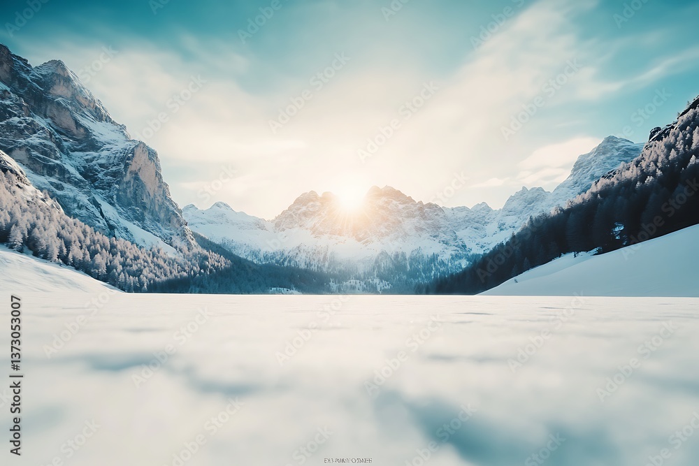 Obraz premium Bright sun shining over snowy mountain range and frozen lake