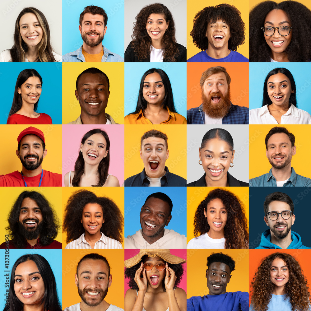 A vibrant collage showcases a diverse group of smiling individuals, featuring men and women of various backgrounds. Each face radiates happiness against colorful backdrops. A vibrant collage showcases a diverse group of smiling individuals, featuring men and women of various backgrounds. Each face radiates happiness against colorful backdrops.