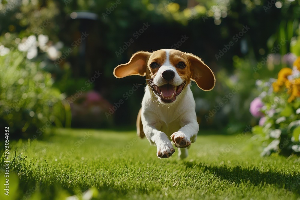 Beagle plays outside in the garden running and jumping with a ball towards the camera Beagle plays outside in the garden running and jumping with a ball towards the camera