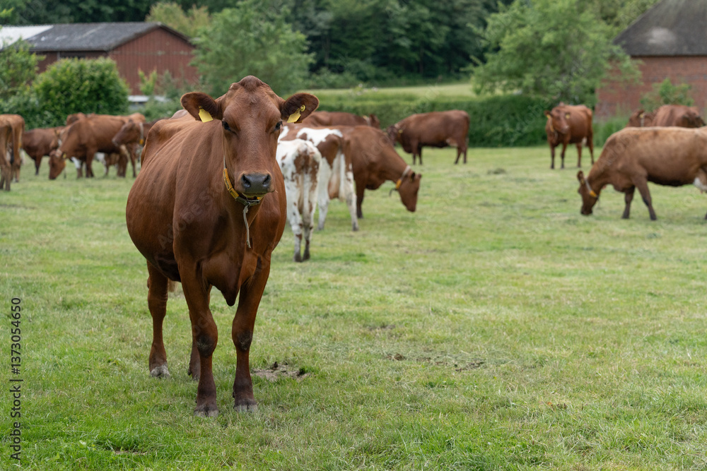Red and brown Angler cattle dairy cows grazing pasture Red and brown Angler cattle dairy cows grazing pasture
