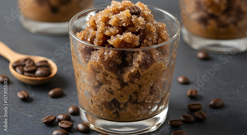 Refreshing homemade frozen coffee granita served in clear glass, cool dessert