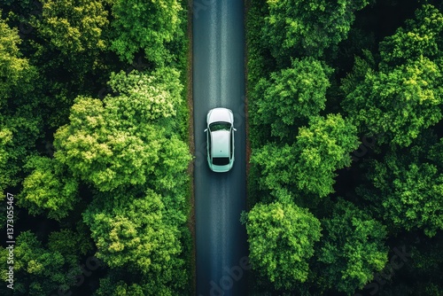 Bird s eye view of a green electric car on a forest road showcasing eco friendly energy